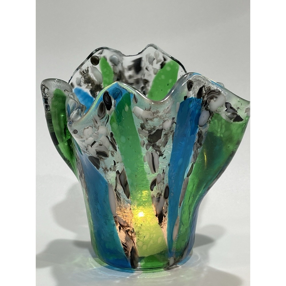 Fused Glass Vase Candleholder Tea light Unique‎ Abstract Style Multicolored